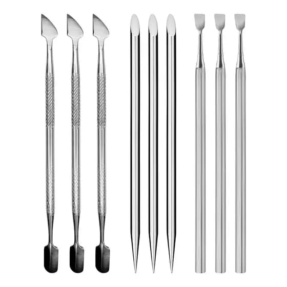 Kit Completo Manicure Cutelaria Manicure 3 Espátula Dupla + 3 Palito Chanfrado + 3 Raspador Inox