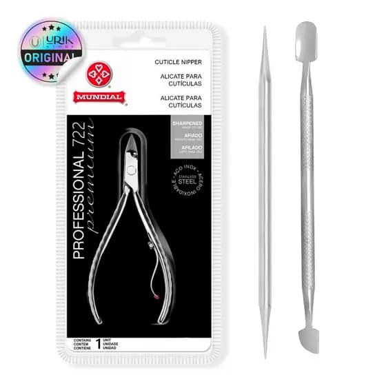 Kit Alicate Manicure 722 Aço Inox Palito Espátula Mundial Profissional Original Manicure Pedicure