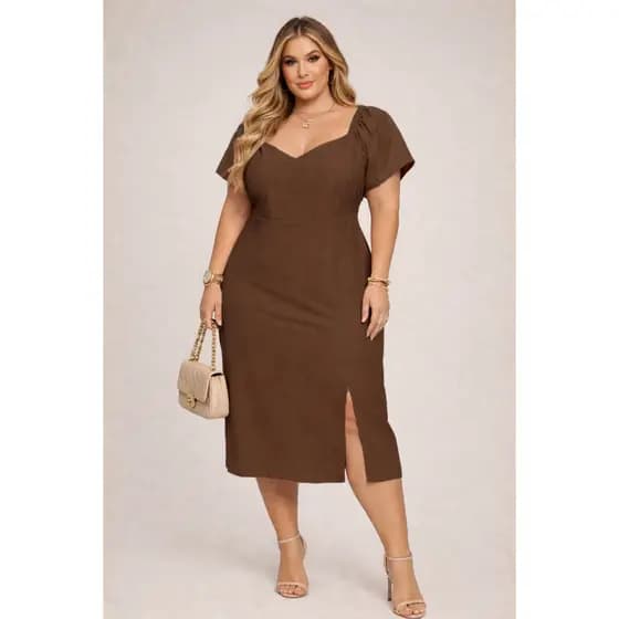 Vestido Plus Size Feminino Manga Princesa Curta Midi Soltinho Elegante Casual Moderno