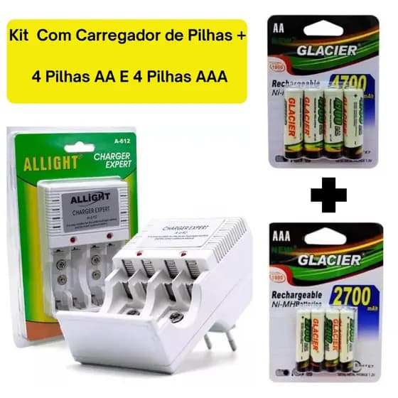 Kit Carregador De Pilhas + 4 Pilhas AA+ 4 Pilhas AAA/Bateria 9v Recarregáveis Controles Câmeras
