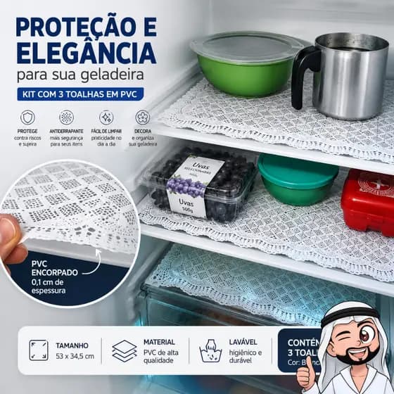 Toalha De Geladeira com 3 ou 4 conjunto, PVC - Lavável - Emborrachado - Renda - Prateleira 35x53cmcm