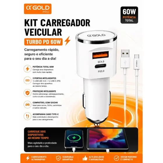 Carregador Veicular 60W H’Maston Turbo USB Tipo-C PD QC3.0 Carga Rápida Carro