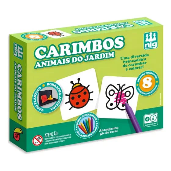 Jogo Carimbos Animais 8 peças C/ Giz de Cera p/ Colorir - Nig