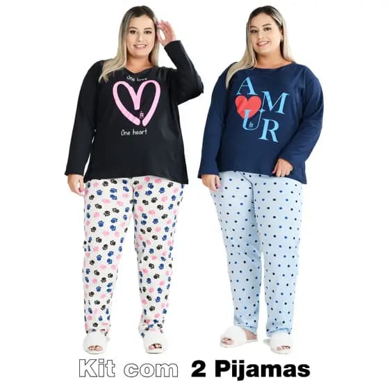 Kit 2 Pijamas Inverno Feminino Plus Size Modelagem Ampla Algodão Premium Confortável