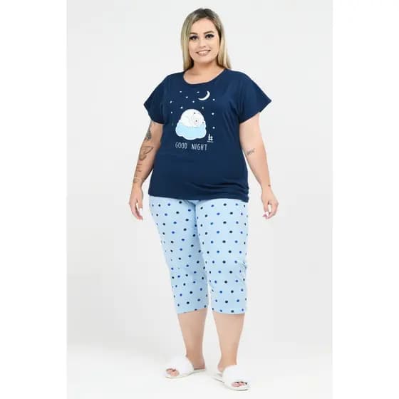 Pijama Feminino Pescador Plus Size de Algodão Good Night Marinho Bolinhas