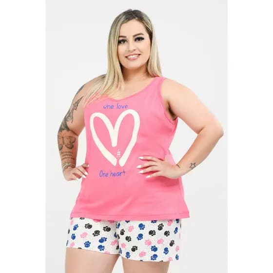 Pijama Feminino Regata Plus Size de Algodão One Love Rosê Estampado