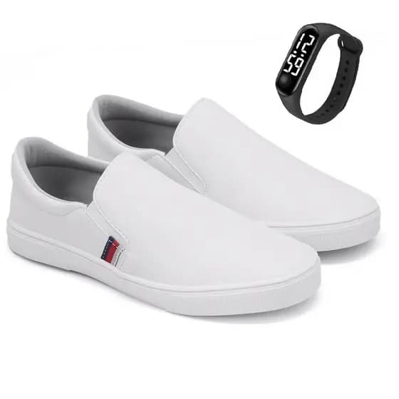 Tênis Iate Slip on Calce Fácil Original Hype Shoes Com Tira Lateral - Branco - Unissex + Relógio
