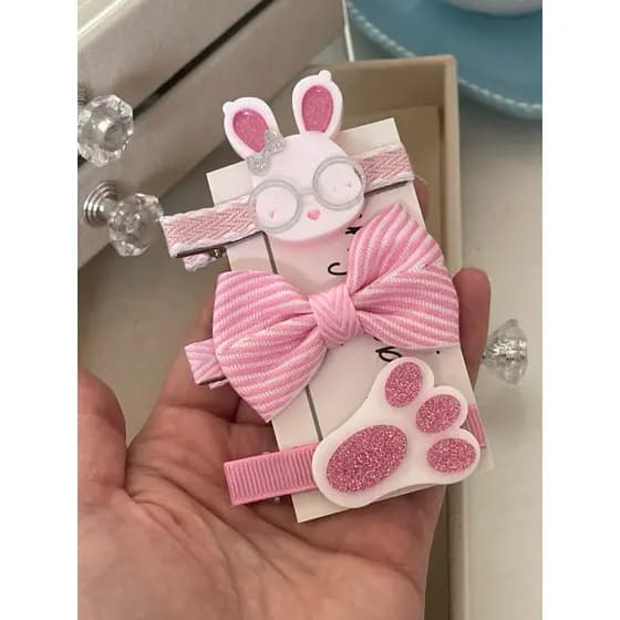 Trio de Laços e Clips Coelhinha Rosa – Kit 3 Unidades 6cm, menina, laço, acessórios cabelo