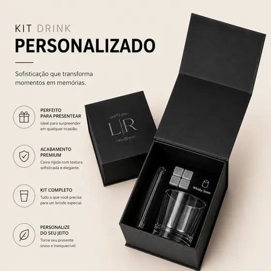 Kit Whisky Luxo Personalizado Copo + Pedras de Gelo Reutilizáveis Presente Exclusivo