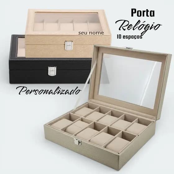 Porta Relógio 10 espaços Visor de Vidro Organização Pulseiras Brincos e Colares Premium