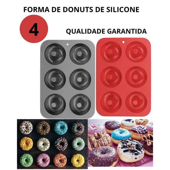 KIT 4 FORMAS DONUTS BOLINHO SILICONE PRETA E VERMELHA COM 6 CAVIDADES SUPORTA TEMP DE 40 A 230 GRAUS TAM 18 X 26 CM