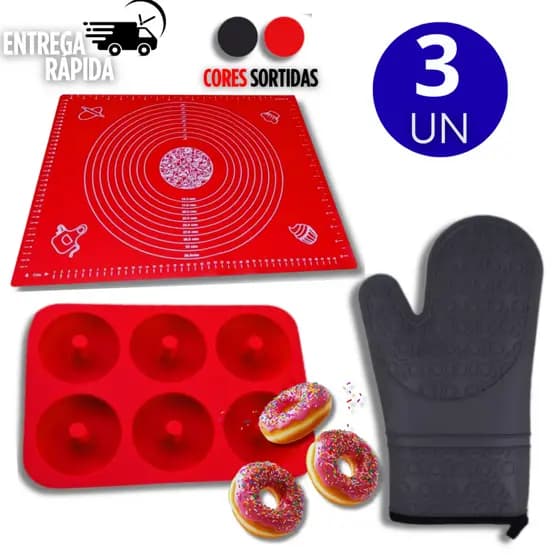KIT DE SILICONE PARA COZINHA – TAPETE 30x40 CM + FORMA CUPCAKE 6 FUROS + LUVA FORRADA PARA FORNO