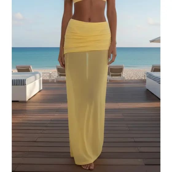 Saia Longa Drapeada Saída de Praia Loreta em Tule de Malha Moda Praia Verão