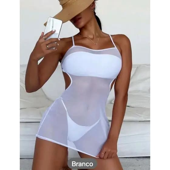 Trijunto Biquini e Saida de Praia Lia em Malha de Tule Moda Praia Verão
