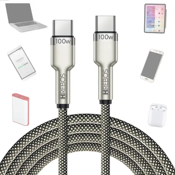 Cabo Carregador Turbo Duplo Tipo-C para Usb-C 100w 20v 3a Nylon Reforçado Pd Hrebos Metal Waves