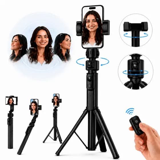 Tripé Celular Rastreamento Facial Gira 360° Controle Remoto Selfie Stick 163cm Android iOS