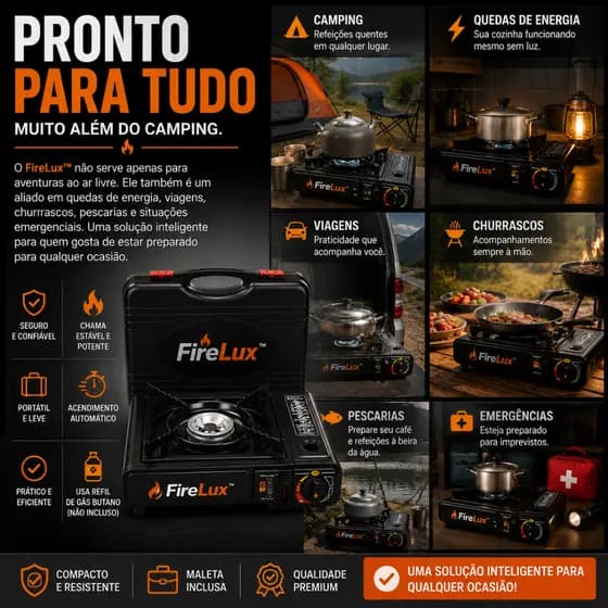 Fogareiro Portátil a Gás com Maleta Reforçada Acendimento Automático Camping Pescaria FireLux™
