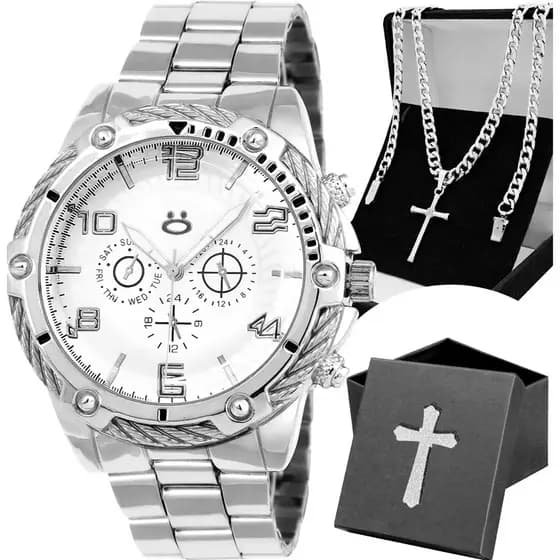 relogio prata masculino + caixa catalolico ponteiro pesado aço inoxidavel original social jesus cruz