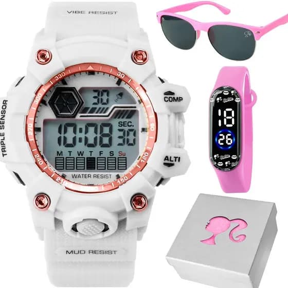 Relogio Infantil Digital + Caixa + Oculos Sol Protecao UV luz pink adolescente criança original rosa