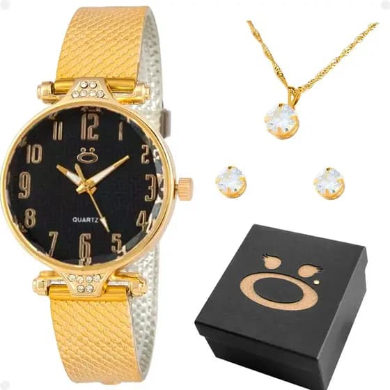 relogio banhado dourado feminino + colar brincos pulseira ajustavel inoxidável original strass