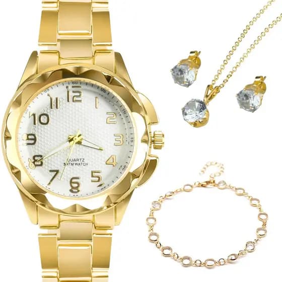 Relogio Feminino Banhado + Pulseira + Colar Brinco Strass casual qualidade premium social original
