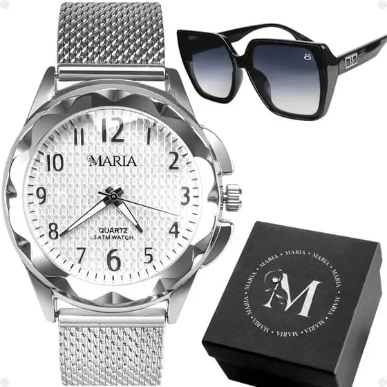Relogio prova dagua feminino aço prata + caixa + oculos sol social resistente strass original casual