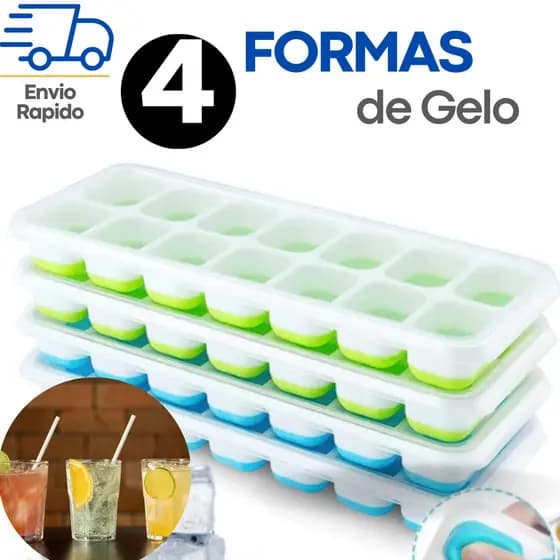 Kit 4 Formas de Gelo: Flexíveis, com Tampa, 14 Cubos - Lavável e Promoção