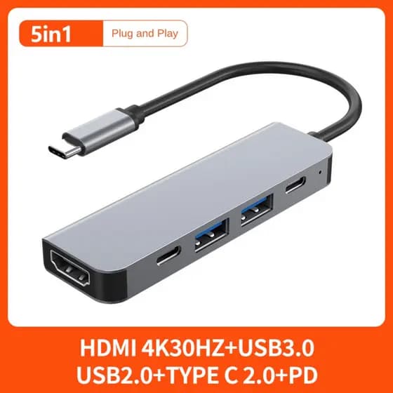 Estação De Acoplamento Tipo C 5 Em 1 HDMI 4K USB3.0 Transferência De Dados USB HUB Multiportas Para Laptop Macbook Celul