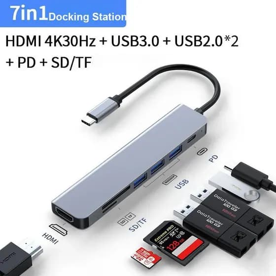 Estação De Acoplamento 7 Em 1 Tipo C Para HD 4K USB3.0 OTG PD Carregamento Rápido Cartão TF SD Celular Tablet Laptop Mac