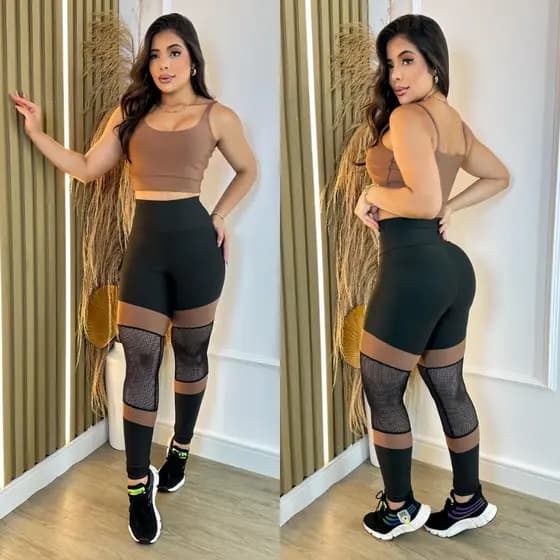 Conjunto Academia Treino Cropped e Calça Legging Detalhe Arrastão Feminino Fitness Luxo