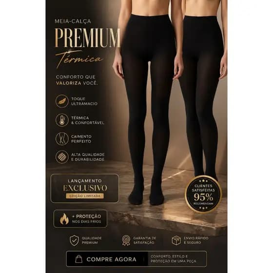 Meia Calça Fio 80 Térmica Com Pé Peluciada Flanelada Preta Ideal Para Inverno e Frio