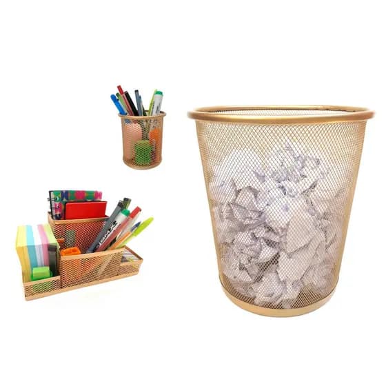 Kit Organizador, Porta Caneta e Lixeira Dourado Escritório