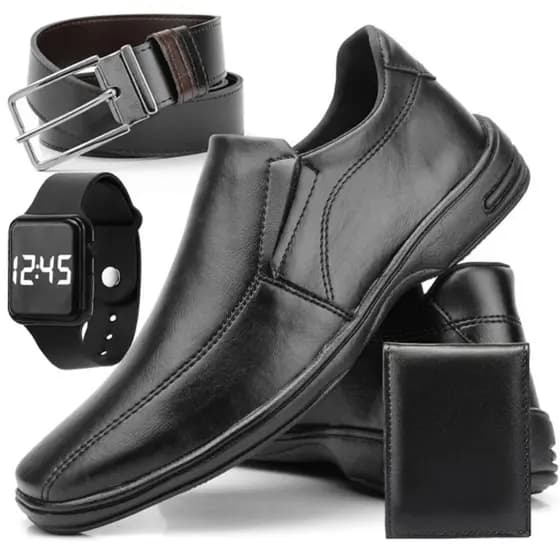 Sapato Social Masculino De Couro Legitimo Ortopedico Com Solado Costurado Antistress e Elastico Ajustável + Cinto Carteira e Relogio