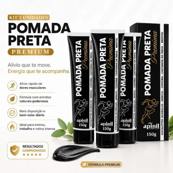 Kit Pomada Preta Premium Apinil 150g Refrescante com Copaíba Arnica e Mentol para Cansaço e Fadiga