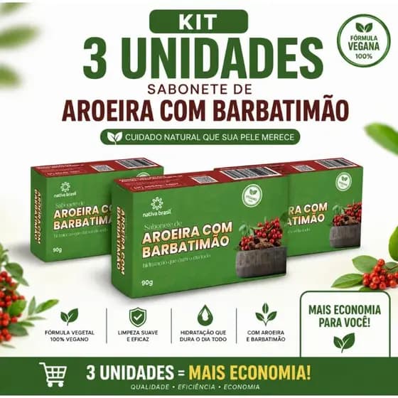 Kit 3 Sabonete de Aroeira com Barbatimão 90g Natural Vegano Limpeza Suave Hidratação Duradoura