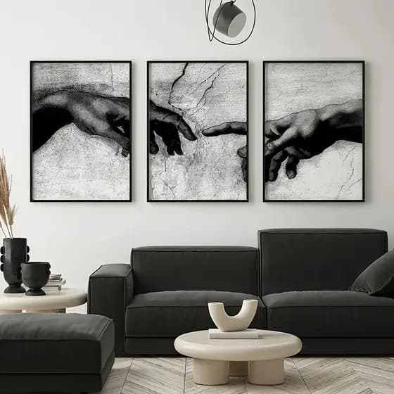 Kit 3 Quadros Criação de Adão Mãos Michelangelo Clássico Abstrato Preto e Branco Moderno Decorativo🎨
