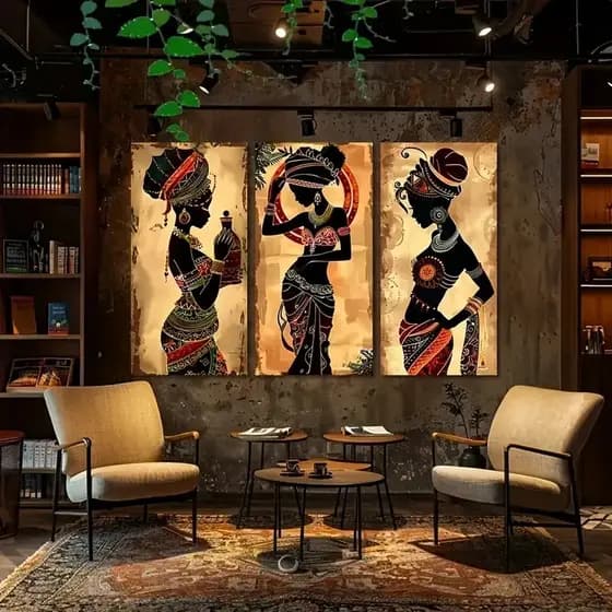 Kit 3 Quadros Mulher Africana Cultura Afro Vintage Abstrato Para Sala Quarto Decoração