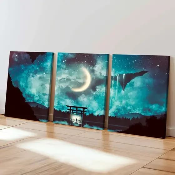 Kit 3 Quadros Japonês Portal Torii e Lua Mágica Zen Fantasia Para Sala Quarto Decoração