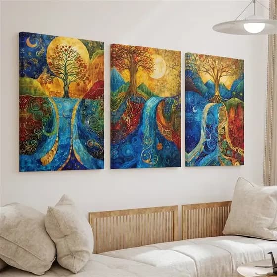 KIT 3 Quadros Árvore da Vida Mística Cachoeira | Decoração Energia Meditação Cores Vivas