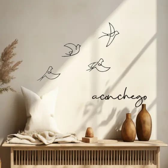 Composição de quadros 4 pássaros minimalista vazado + frases decorativas para paredes Aconchego Mdf