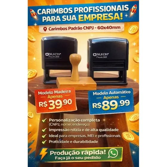 Carimbos Padrão CNPJ (empresariais) CNPJ ou MEI, enviamos no mesmo dia