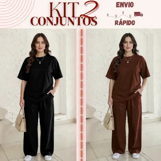Kit com 2 Conjunto de Calça pantalona e Camiseta modelo over feminina