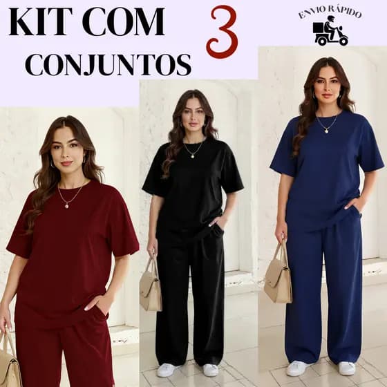 Kit com 3 Conjuntos Blusa feminina Over e Calça Pantalona