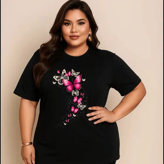 Camiseta Plus Size Feminina Estampada Borboletas Do P Ao G5 Academia Treino 100% Algodão Premium Verão