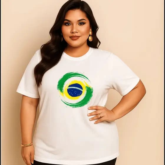 Camiseta Plus Size Feminina Estampada Brasil Redondo Do P Ao G5 Academia Treino 100% Algodão Premium Verão