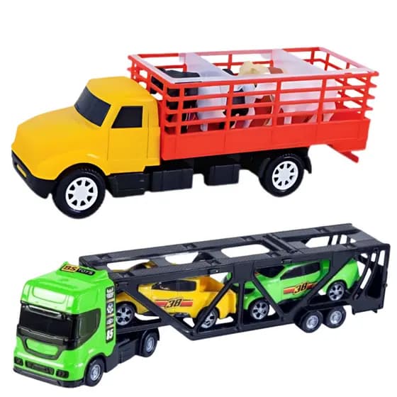 Caminhão Carreta Cegonheira Cegonha + 2 Carrinhos Caminhão Bois Para Menino Fazendinha Carrinhos Animais