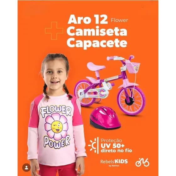 Kit Bicicleta Infantil Aro 12 Flower + Capacete + Camiseta Proteção UV 50+ | Completo para Meninas