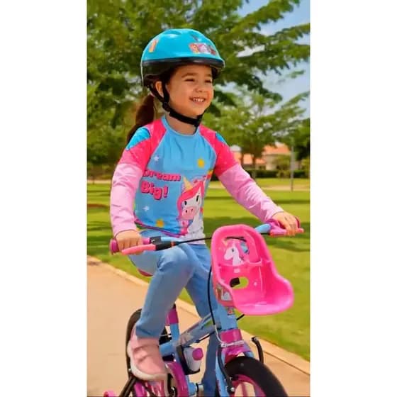 Kit Completo Bicicleta Infantil Aro 16 Unicórnio com Rodinhas Capacete e Camiseta Ciclismo Proteção UV