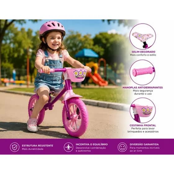 Bicicleta Balance Sem pedal Bike Equilíbrio Aro 12 Infantil Flower Menina