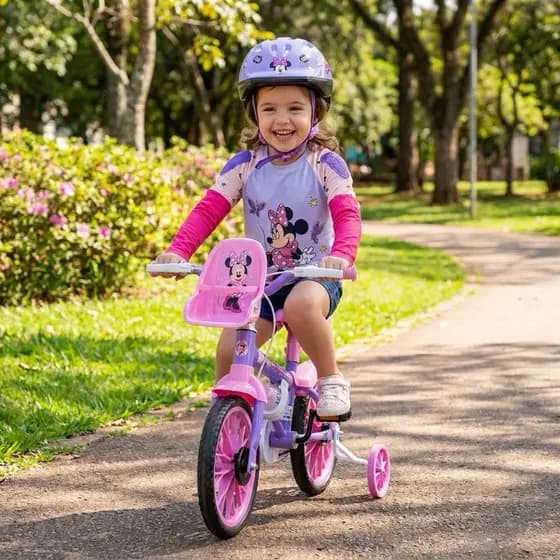 Bicicleta Infantil Minnie Aro 12 com Capacete e Camiseta Proteção UV Ciclismo